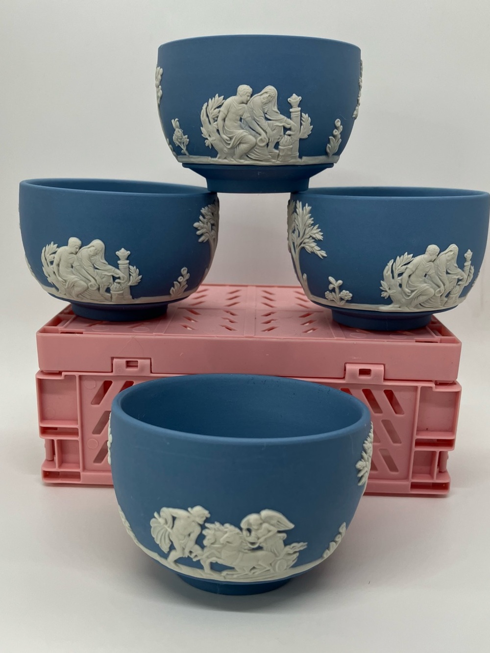 Vtg Wedgwood Blue Jasperware Set of 4 Small Round Open Pots Match Holders